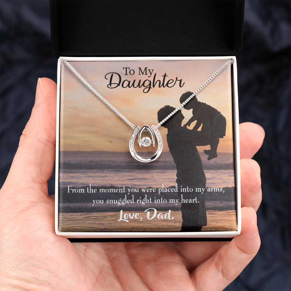 To My Daughter Snuggled into Dad's Heart Lucky Horseshoe Necklace Message Card 14k w CZ Crystals-Express Your Love Gifts