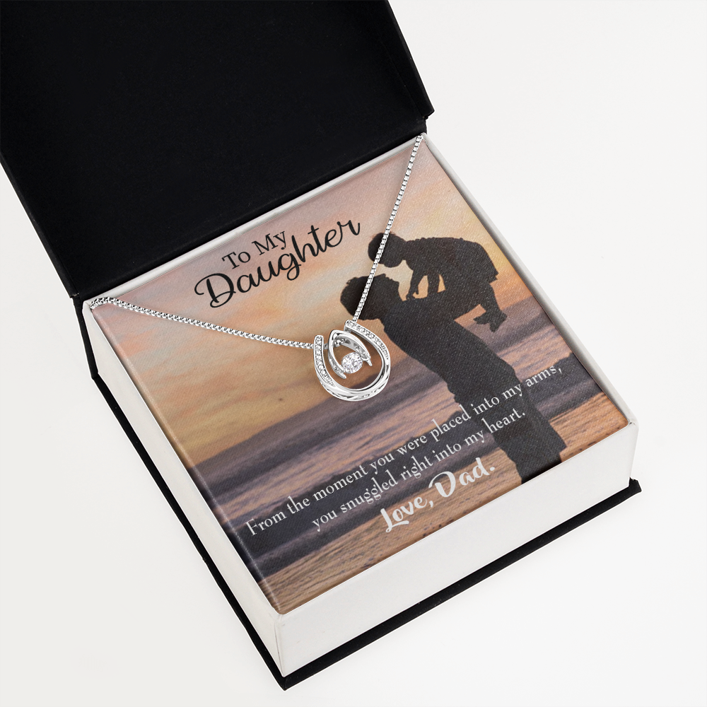 To My Daughter Snuggled into Dad's Heart Lucky Horseshoe Necklace Message Card 14k w CZ Crystals-Express Your Love Gifts