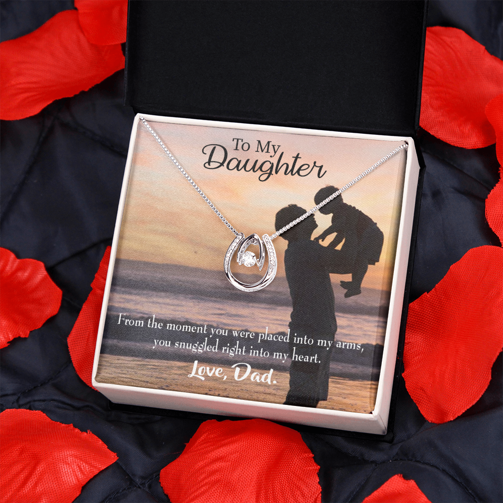 To My Daughter Snuggled into Dad's Heart Lucky Horseshoe Necklace Message Card 14k w CZ Crystals-Express Your Love Gifts