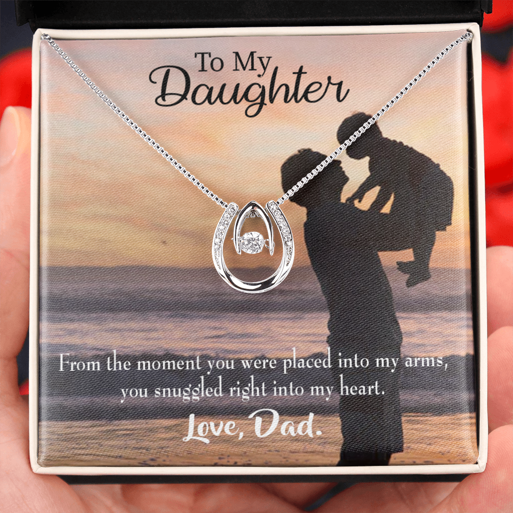 To My Daughter Snuggled into Dad's Heart Lucky Horseshoe Necklace Message Card 14k w CZ Crystals-Express Your Love Gifts
