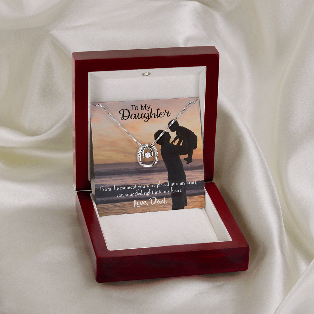 To My Daughter Snuggled into Dad's Heart Lucky Horseshoe Necklace Message Card 14k w CZ Crystals-Express Your Love Gifts