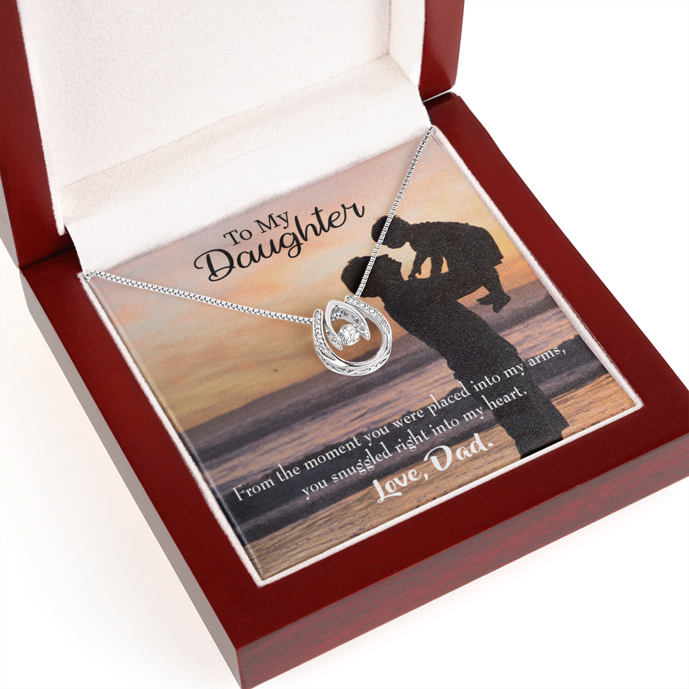 To My Daughter Snuggled into Dad's Heart Lucky Horseshoe Necklace Message Card 14k w CZ Crystals-Express Your Love Gifts