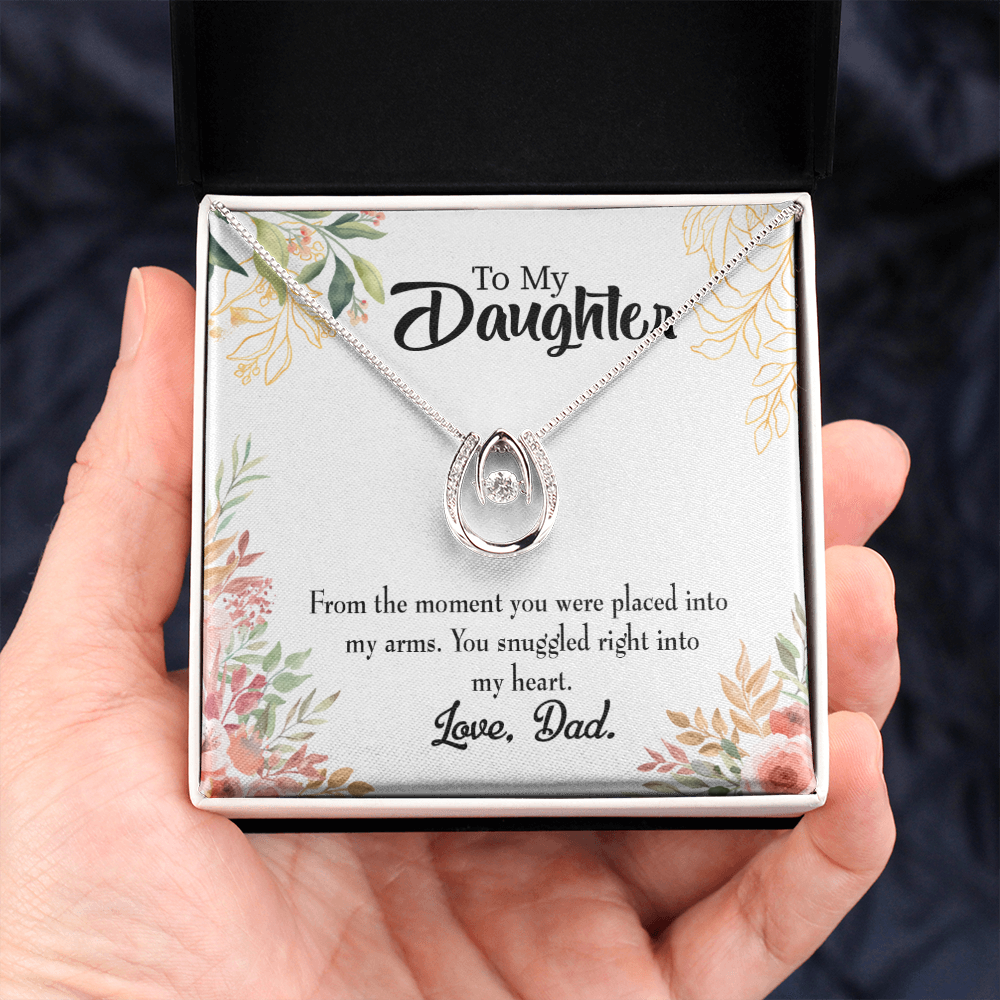 To My Daughter Snuggled into my Heart Dad Lucky Horseshoe Necklace Message Card 14k w CZ Crystals-Express Your Love Gifts