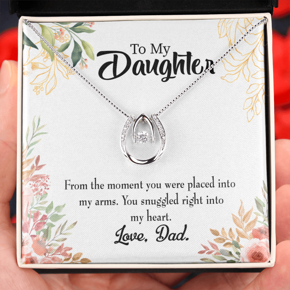 To My Daughter Snuggled into my Heart Dad Lucky Horseshoe Necklace Message Card 14k w CZ Crystals-Express Your Love Gifts