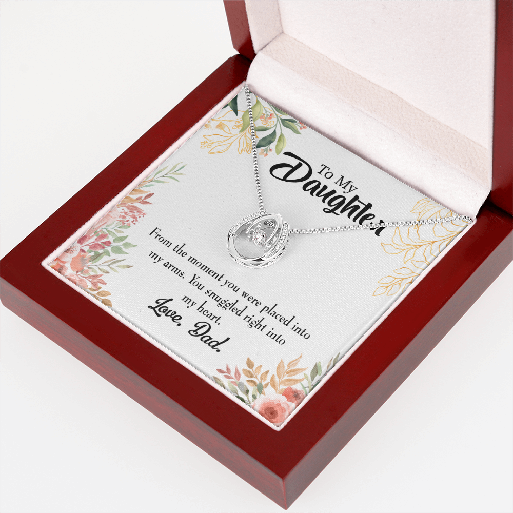 To My Daughter Snuggled into my Heart Dad Lucky Horseshoe Necklace Message Card 14k w CZ Crystals-Express Your Love Gifts