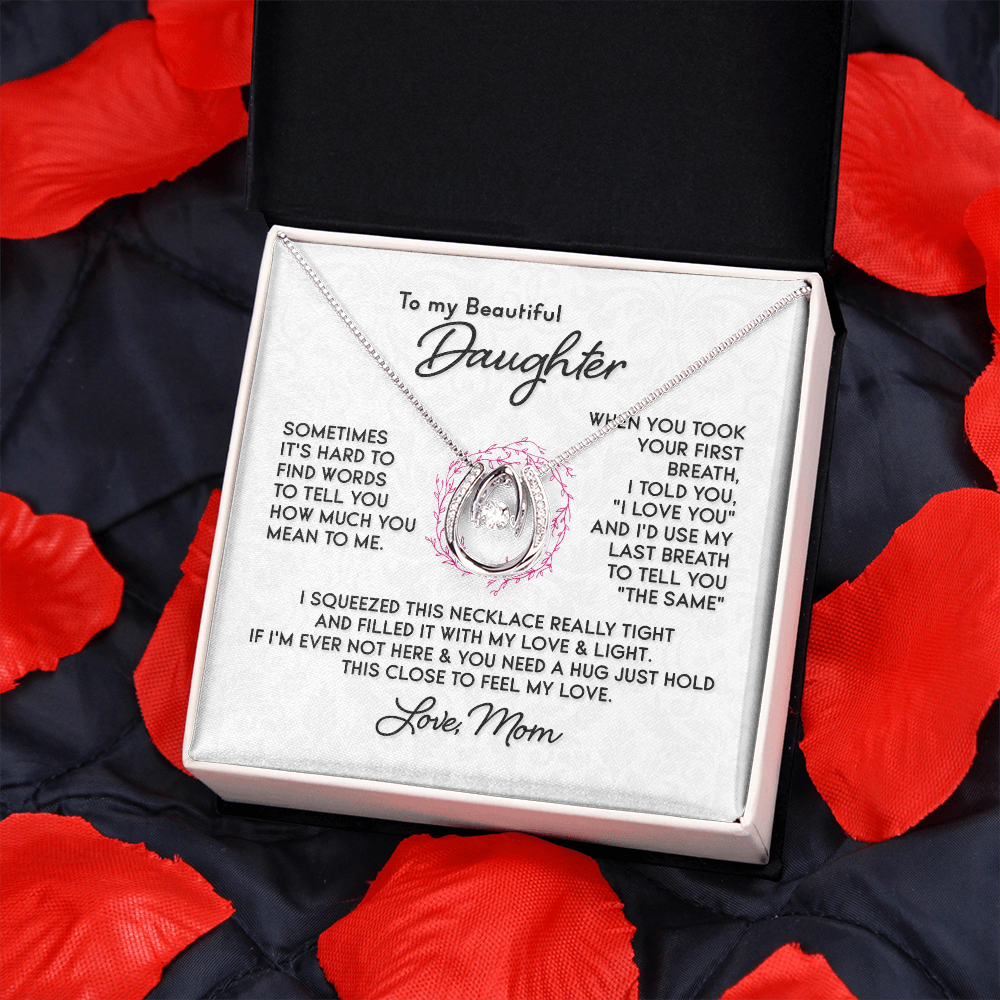 To My Daughter-SOMETIMES IT'S HARD TO Lucky Horseshoe Necklace Message Card 14k w CZ Crystals-Express Your Love Gifts