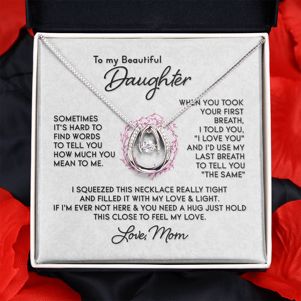 To My Daughter-SOMETIMES IT'S HARD TO Lucky Horseshoe Necklace Message Card 14k w CZ Crystals-Express Your Love Gifts