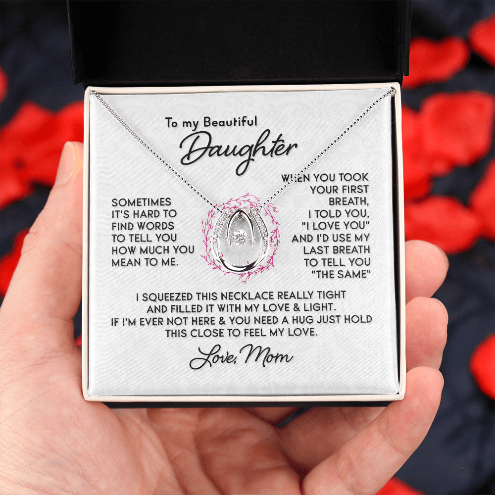 To My Daughter-SOMETIMES IT'S HARD TO Lucky Horseshoe Necklace Message Card 14k w CZ Crystals-Express Your Love Gifts