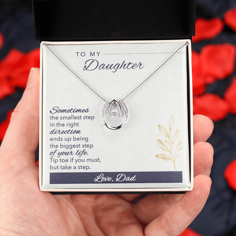 To My Daughter Sometimes Lucky Horseshoe Necklace Message Card 14k w CZ Crystals-Express Your Love Gifts