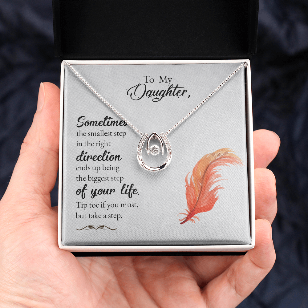 To my daughter-Sometimes the smallest step - new Lucky Horseshoe Necklace Message Card 14k w CZ Crystals-Express Your Love Gifts