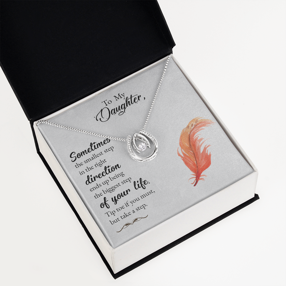 To my daughter-Sometimes the smallest step - new Lucky Horseshoe Necklace Message Card 14k w CZ Crystals-Express Your Love Gifts
