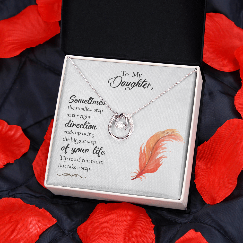 To my daughter-Sometimes the smallest step - new Lucky Horseshoe Necklace Message Card 14k w CZ Crystals-Express Your Love Gifts