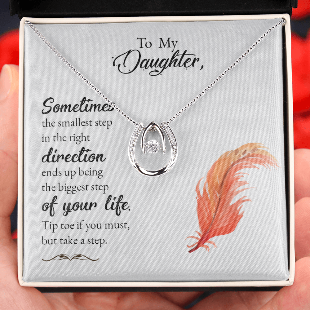 To my daughter-Sometimes the smallest step - new Lucky Horseshoe Necklace Message Card 14k w CZ Crystals-Express Your Love Gifts