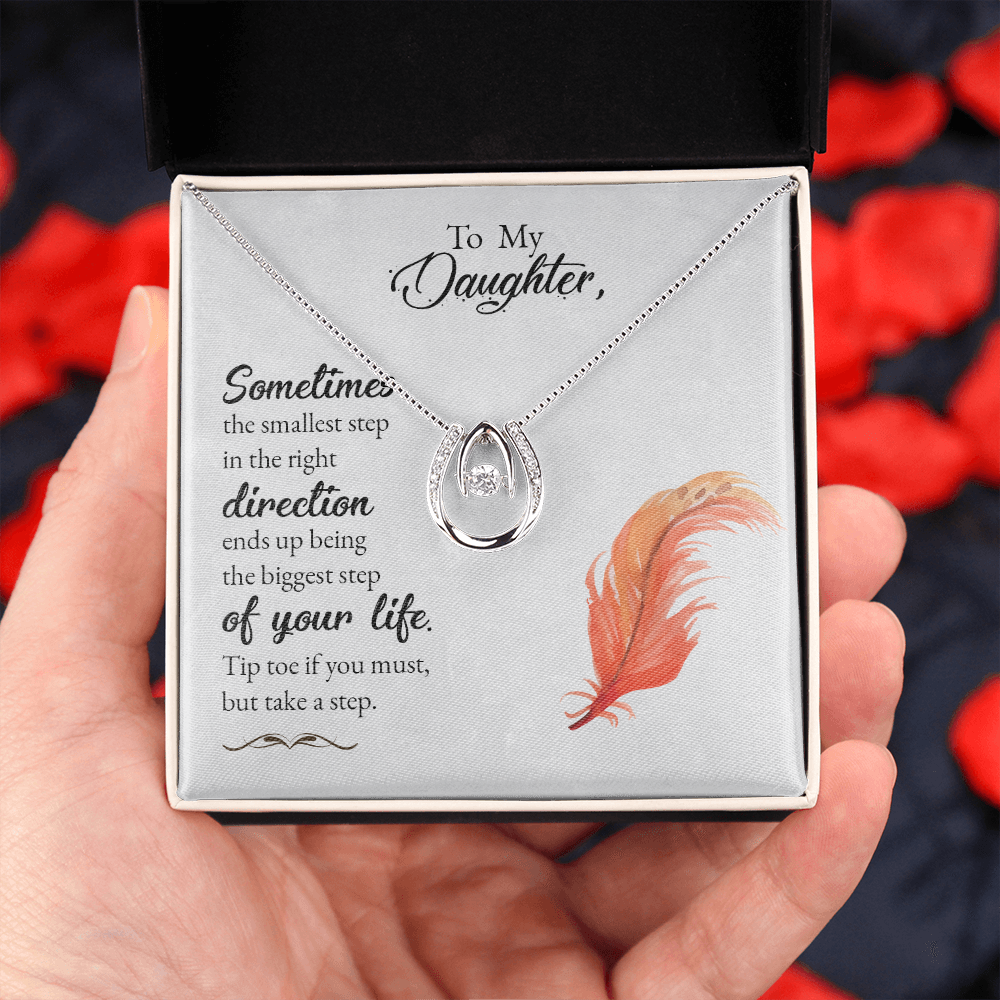 To my daughter-Sometimes the smallest step - new Lucky Horseshoe Necklace Message Card 14k w CZ Crystals-Express Your Love Gifts