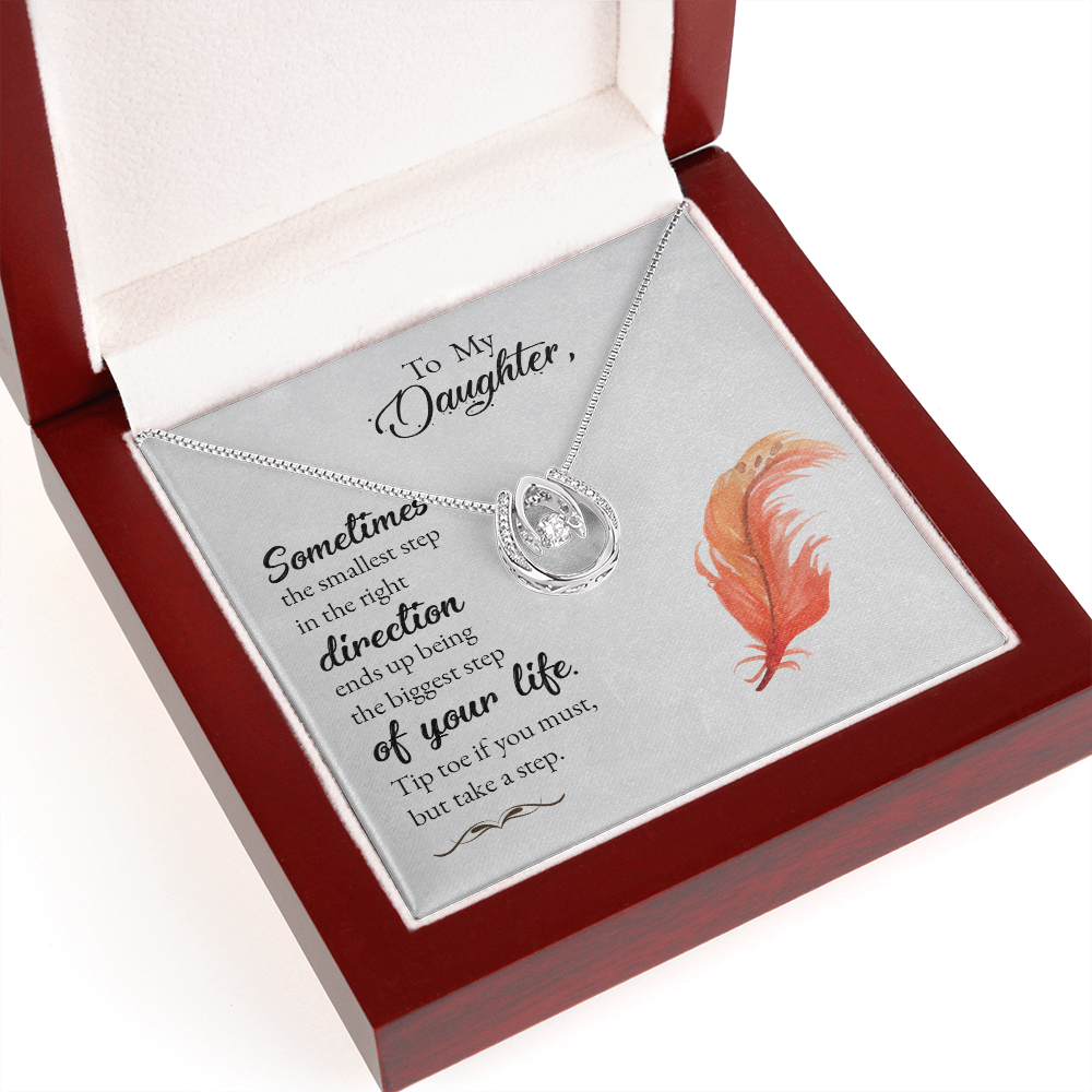 To my daughter-Sometimes the smallest step - new Lucky Horseshoe Necklace Message Card 14k w CZ Crystals-Express Your Love Gifts