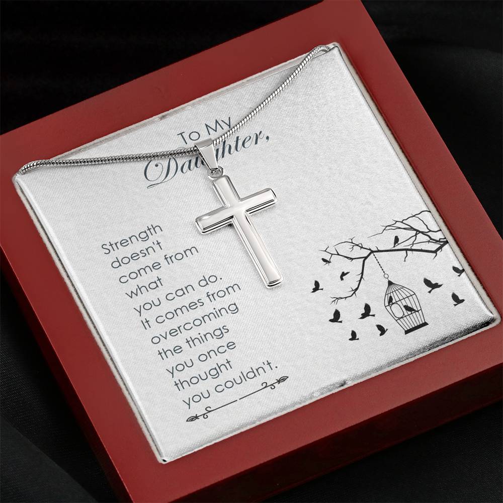 To My Daughter Strength Cross Card Necklace w Stainless Steel Pendant-Express Your Love Gifts