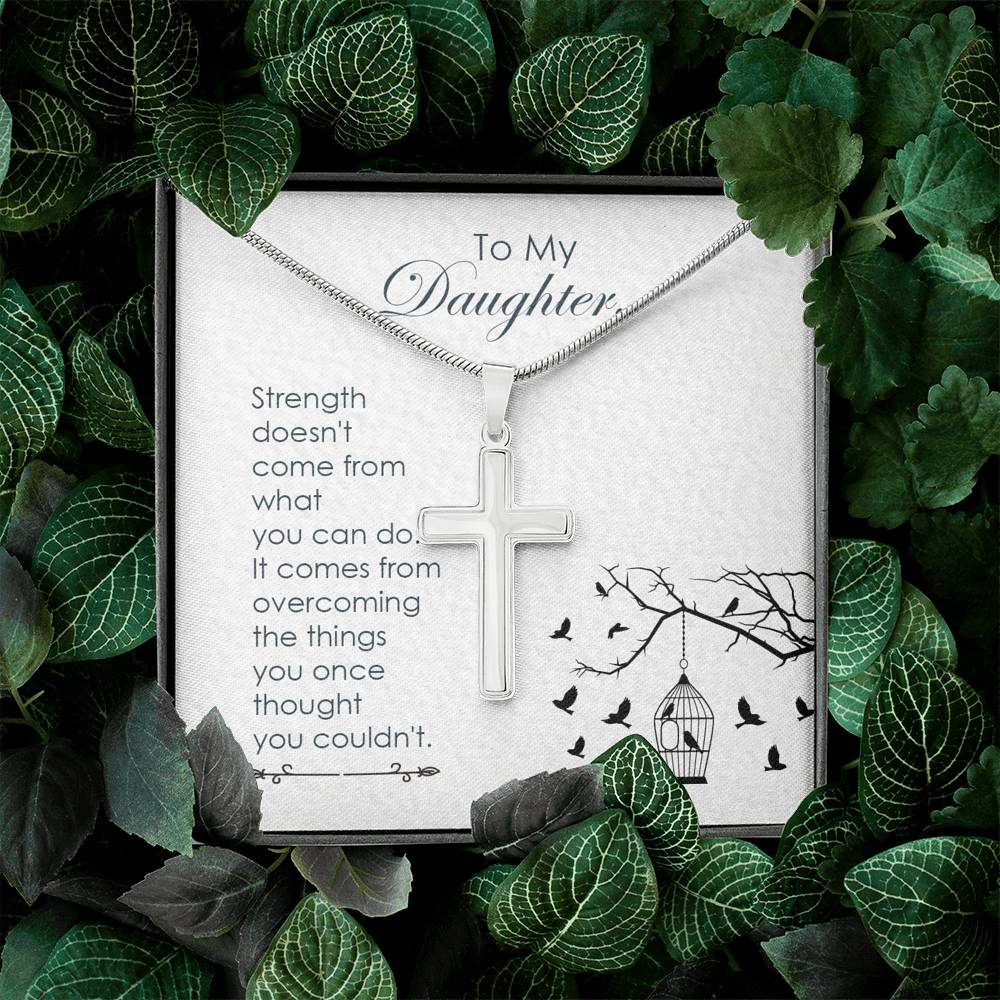 To My Daughter Strength Cross Card Necklace w Stainless Steel Pendant-Express Your Love Gifts