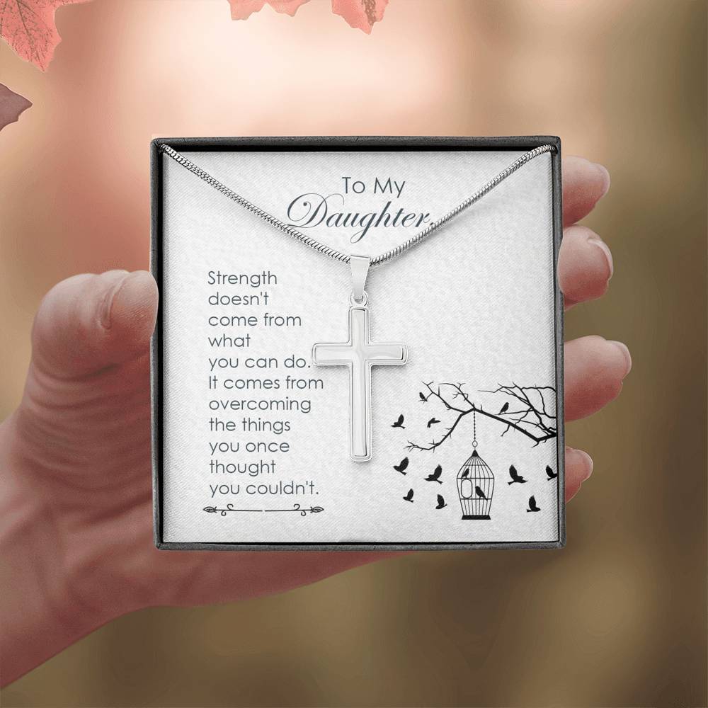 To My Daughter Strength Cross Card Necklace w Stainless Steel Pendant-Express Your Love Gifts