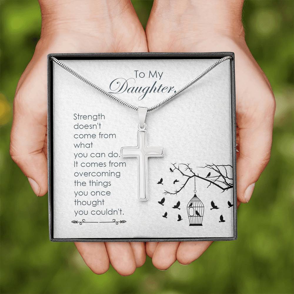 To My Daughter Strength Cross Card Necklace w Stainless Steel Pendant-Express Your Love Gifts