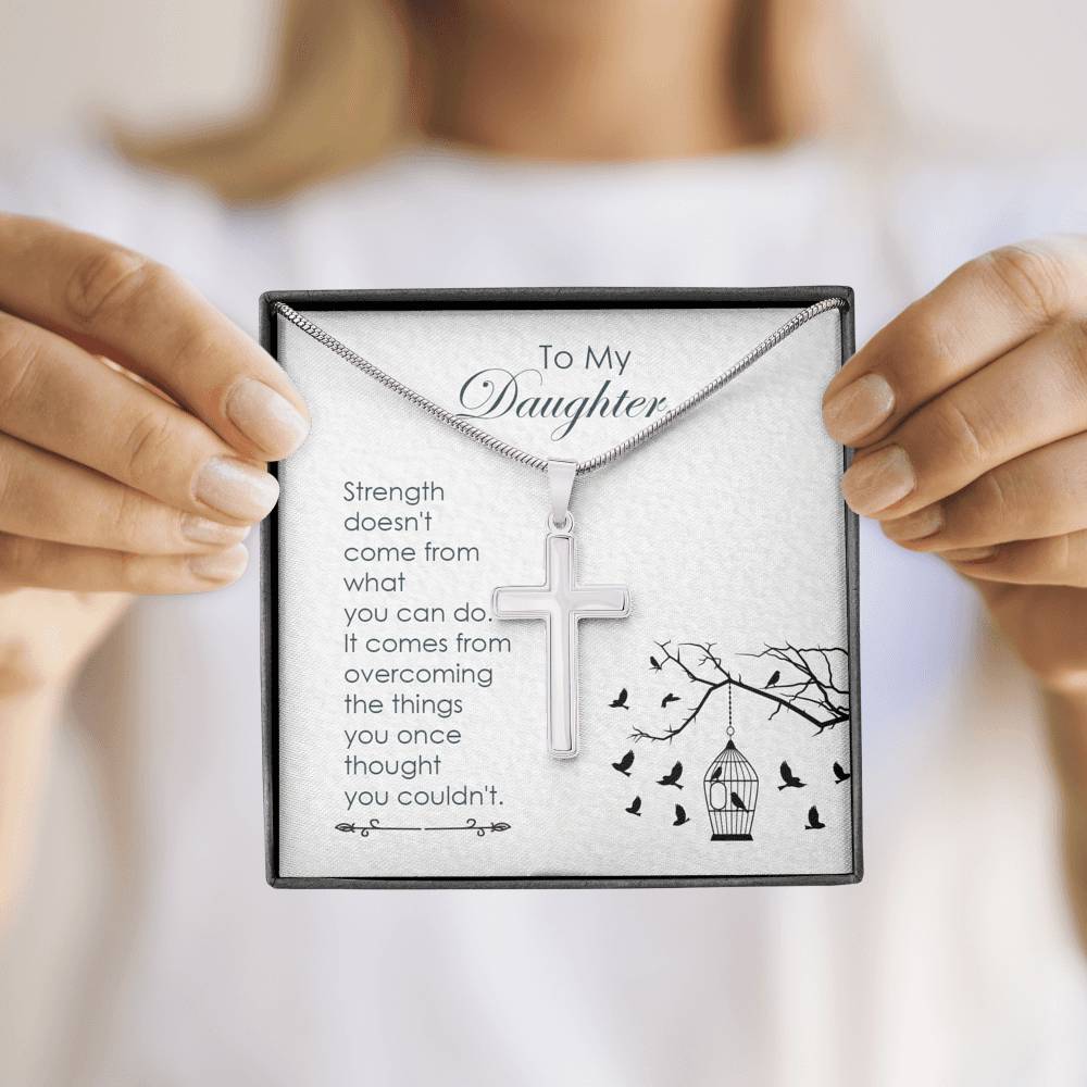 To My Daughter Strength Cross Card Necklace w Stainless Steel Pendant-Express Your Love Gifts