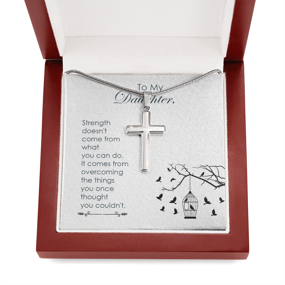 To My Daughter Strength Cross Card Necklace w Stainless Steel Pendant-Express Your Love Gifts