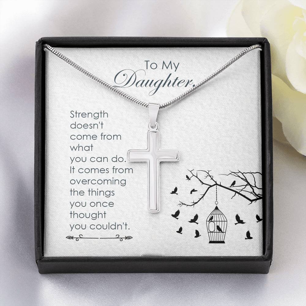 To My Daughter Strength Cross Card Necklace w Stainless Steel Pendant-Express Your Love Gifts