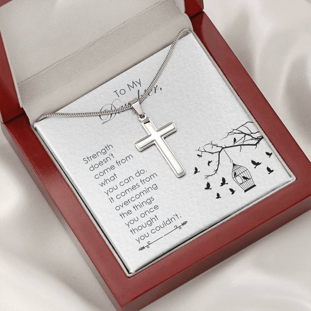 To My Daughter Strength Cross Card Necklace w Stainless Steel Pendant-Express Your Love Gifts