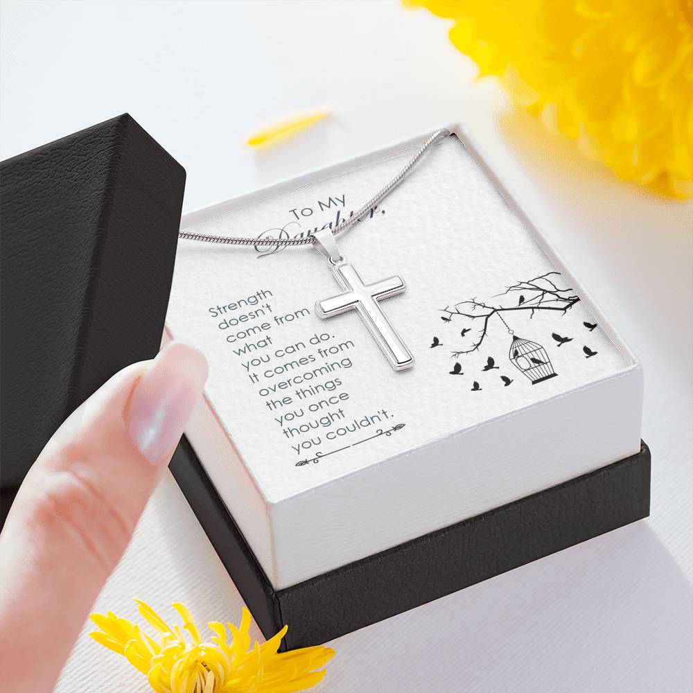 To My Daughter Strength Cross Card Necklace w Stainless Steel Pendant-Express Your Love Gifts
