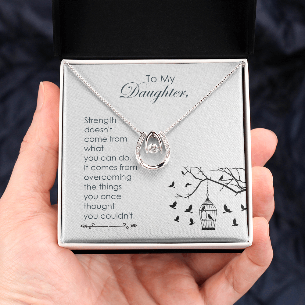 To my daughter-Strength doesn_t come Lucky Horseshoe Necklace Message Card 14k w CZ Crystals-Express Your Love Gifts