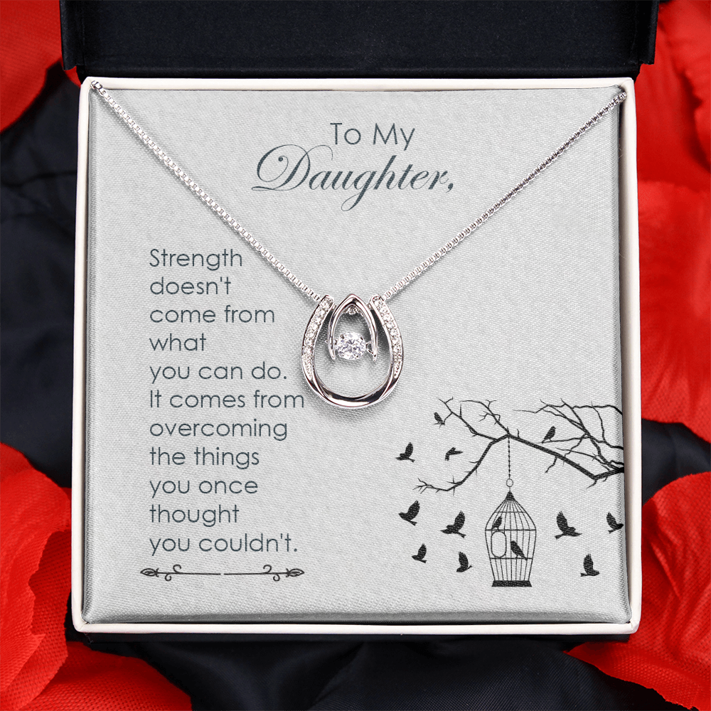 To my daughter-Strength doesn_t come Lucky Horseshoe Necklace Message Card 14k w CZ Crystals-Express Your Love Gifts