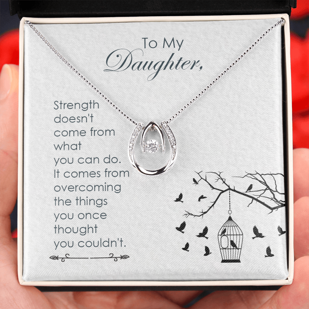 To my daughter-Strength doesn_t come Lucky Horseshoe Necklace Message Card 14k w CZ Crystals-Express Your Love Gifts