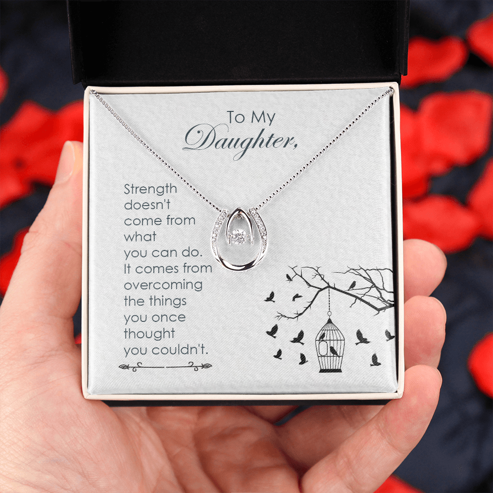 To my daughter-Strength doesn_t come Lucky Horseshoe Necklace Message Card 14k w CZ Crystals-Express Your Love Gifts
