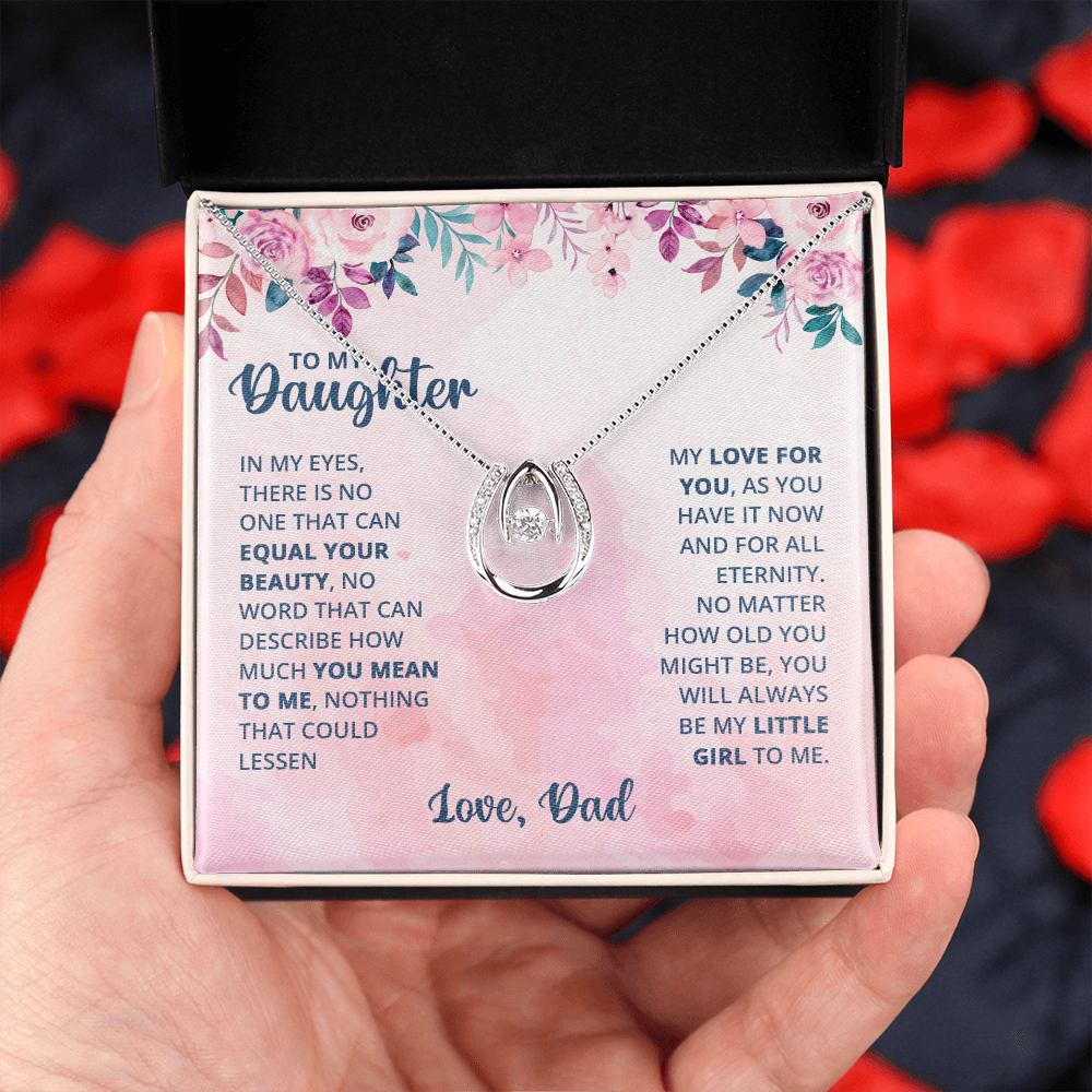 To My Daughter There is No One Lucky Horseshoe Necklace Message Card 14k w CZ Crystals-Express Your Love Gifts