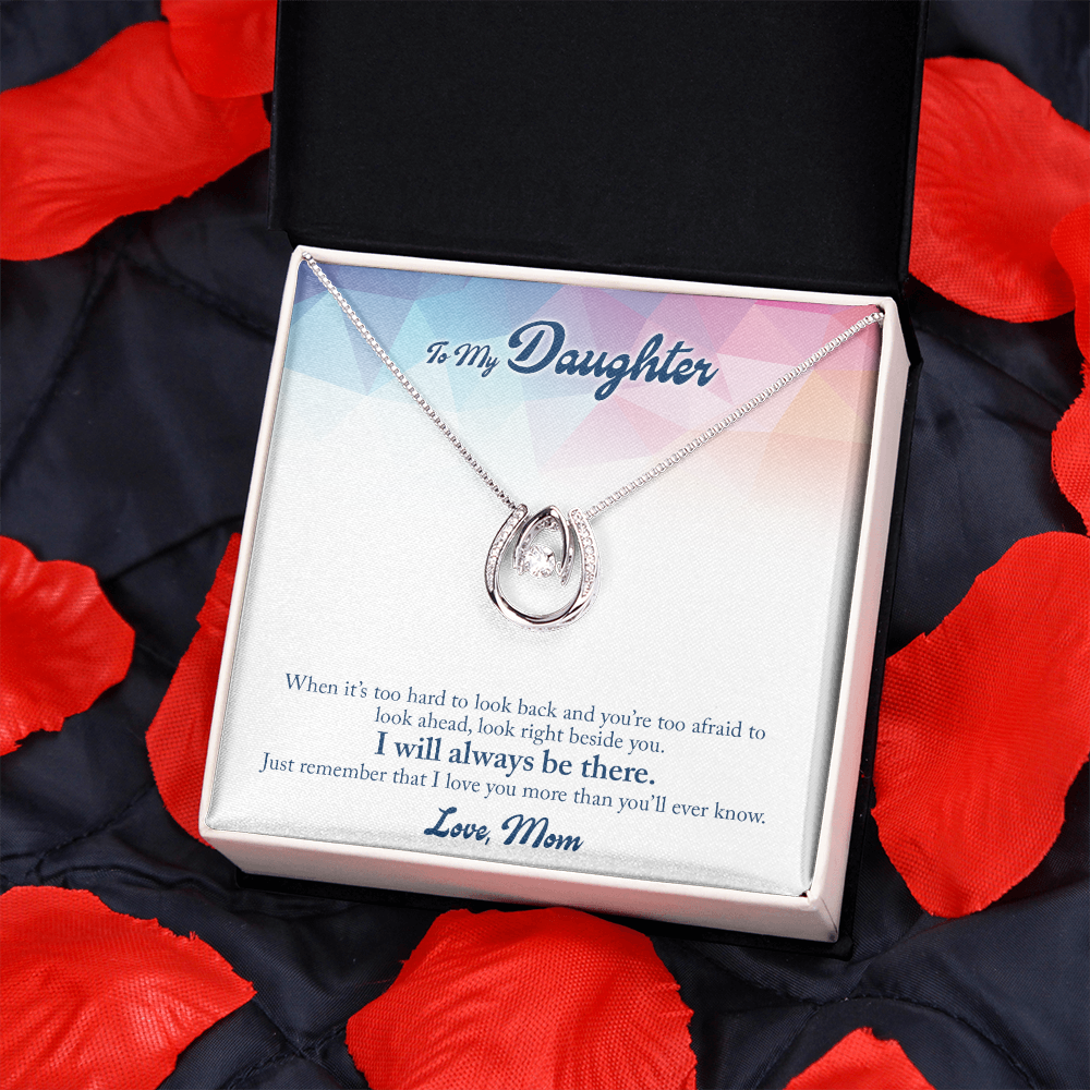 To My Daughter When-it’s-too-hard Lucky Horseshoe Necklace Message Card 14k w CZ Crystals-Express Your Love Gifts