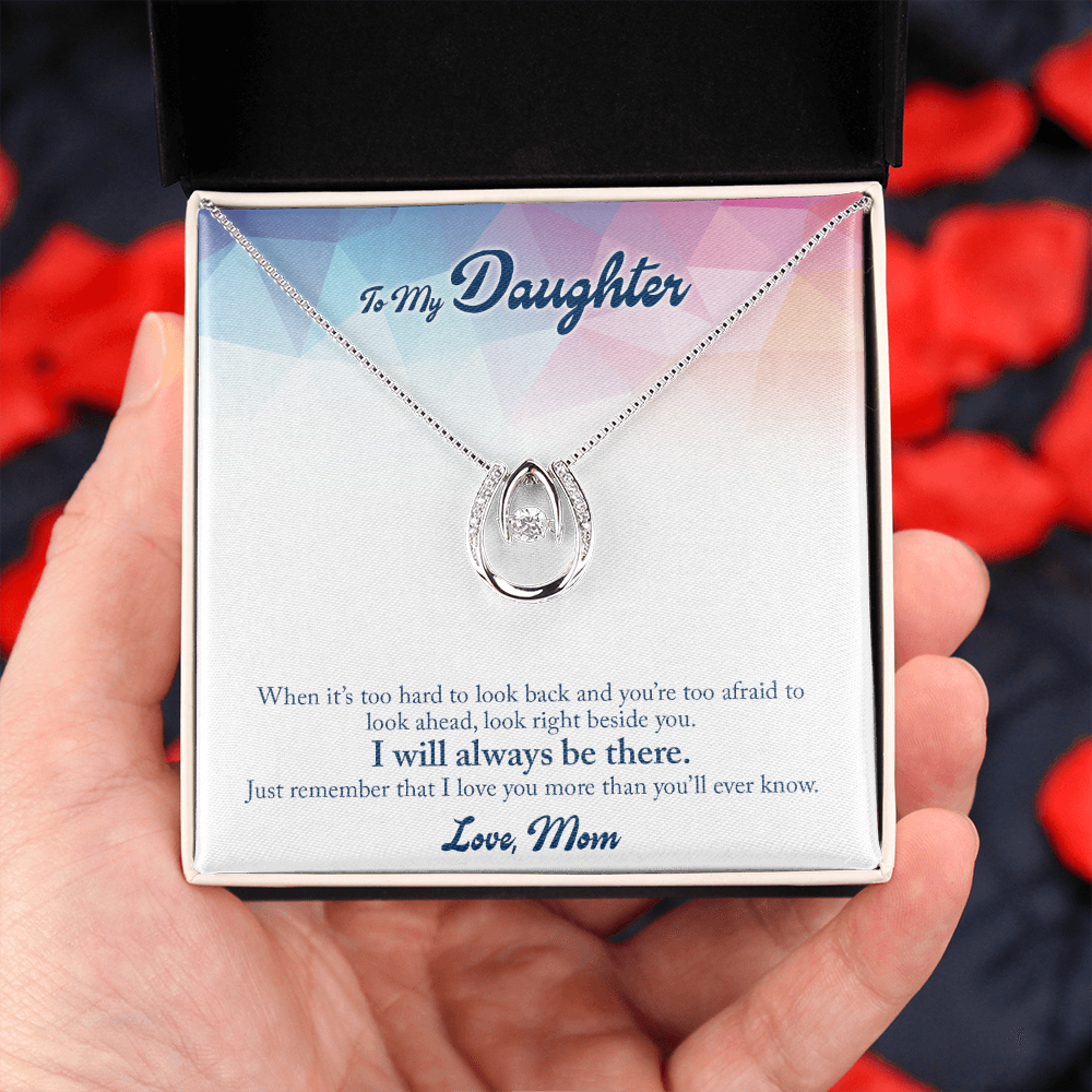 To My Daughter When-it’s-too-hard Lucky Horseshoe Necklace Message Card 14k w CZ Crystals-Express Your Love Gifts
