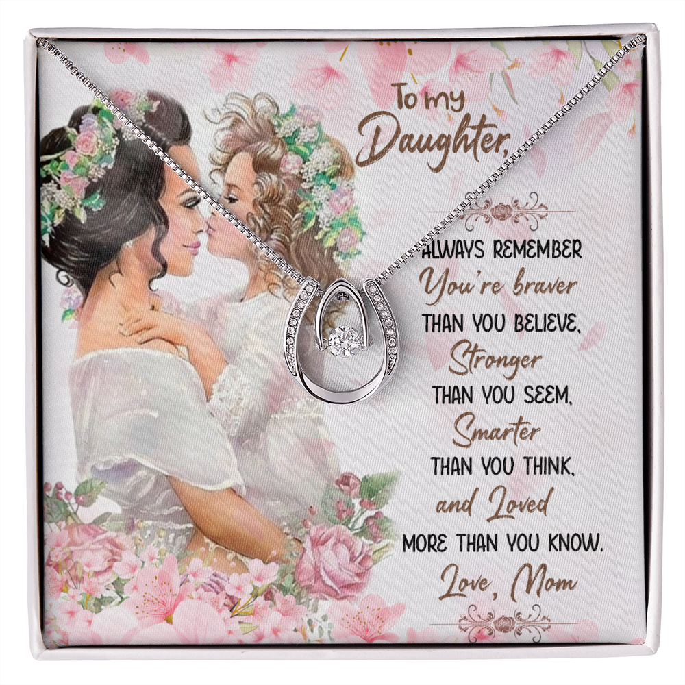 To My Daughter You Are Braver Stronger Smarter Lucky Horseshoe Necklace Message Card 14k w CZ Crystals-Express Your Love Gifts