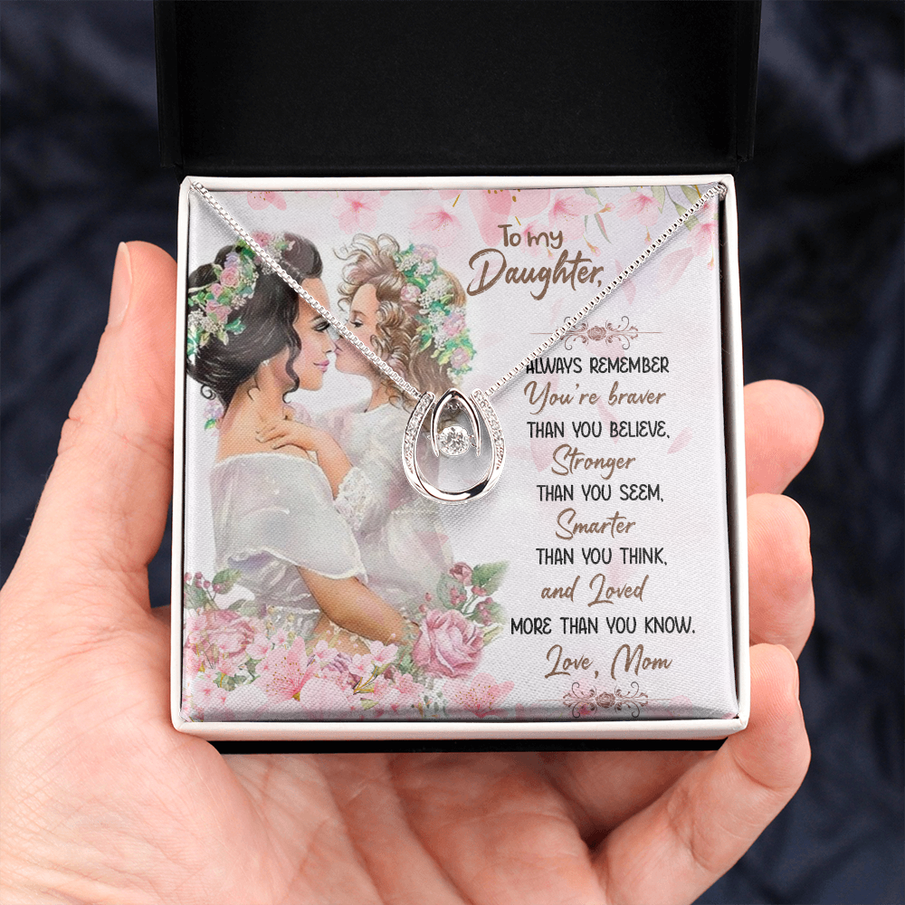 To My Daughter You Are Braver Stronger Smarter Lucky Horseshoe Necklace Message Card 14k w CZ Crystals-Express Your Love Gifts