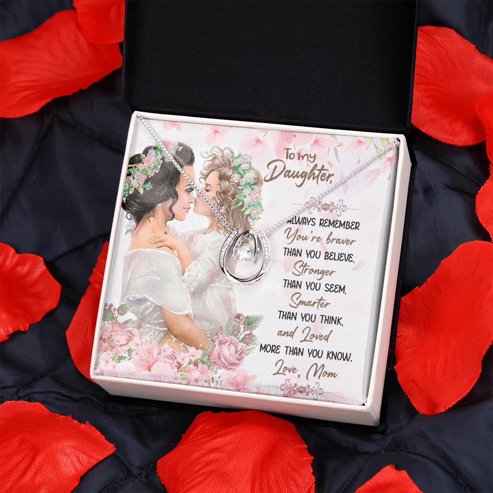 To My Daughter You Are Braver Stronger Smarter Lucky Horseshoe Necklace Message Card 14k w CZ Crystals-Express Your Love Gifts