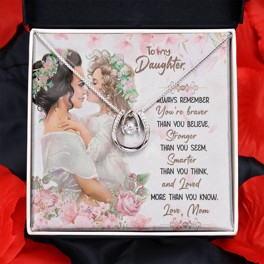 To My Daughter You Are Braver Stronger Smarter Lucky Horseshoe Necklace Message Card 14k w CZ Crystals-Express Your Love Gifts