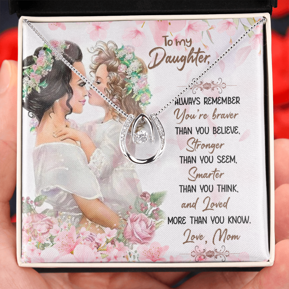To My Daughter You Are Braver Stronger Smarter Lucky Horseshoe Necklace Message Card 14k w CZ Crystals-Express Your Love Gifts