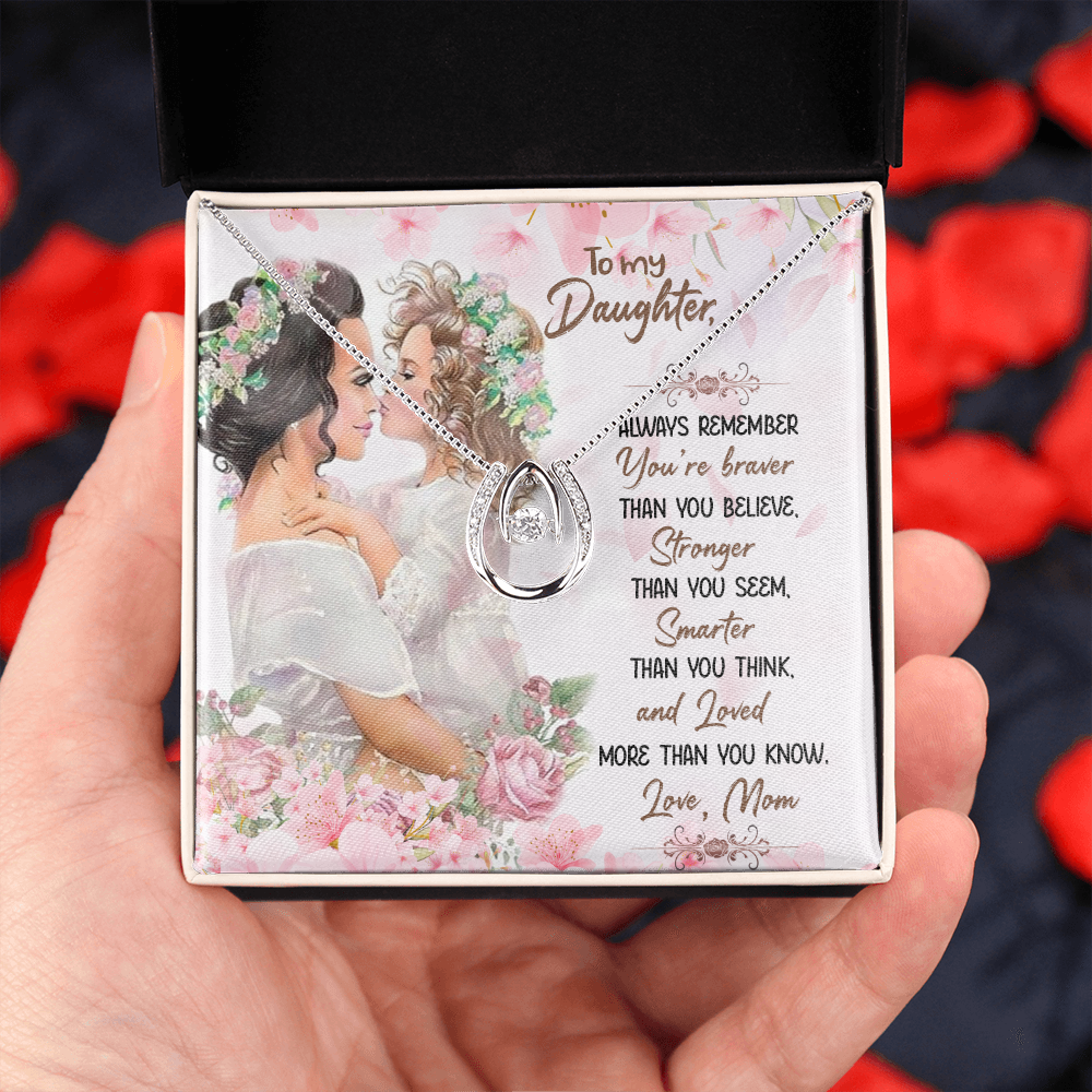 To My Daughter You Are Braver Stronger Smarter Lucky Horseshoe Necklace Message Card 14k w CZ Crystals-Express Your Love Gifts