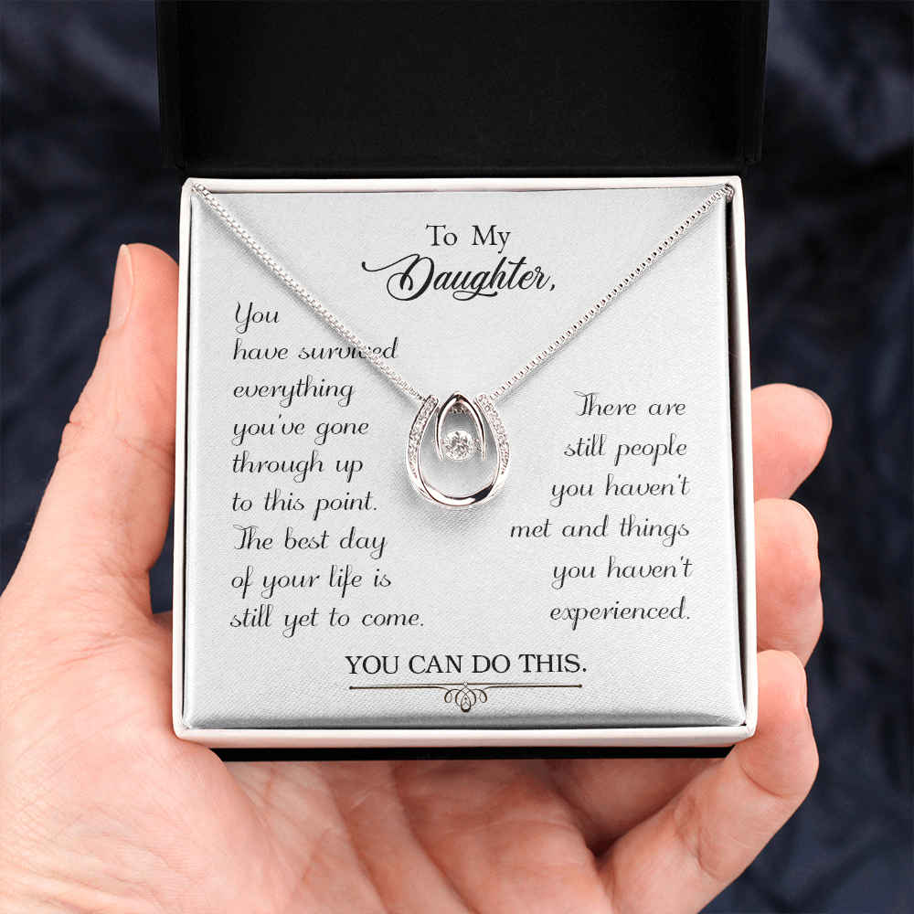 To my daughter-You have survived Lucky Horseshoe Necklace Message Card 14k w CZ Crystals-Express Your Love Gifts