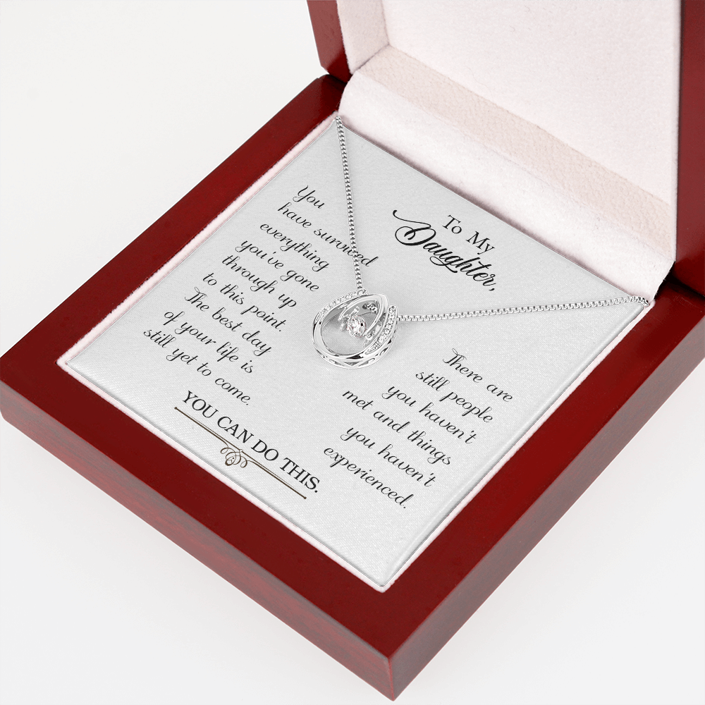 To my daughter-You have survived Lucky Horseshoe Necklace Message Card 14k w CZ Crystals-Express Your Love Gifts