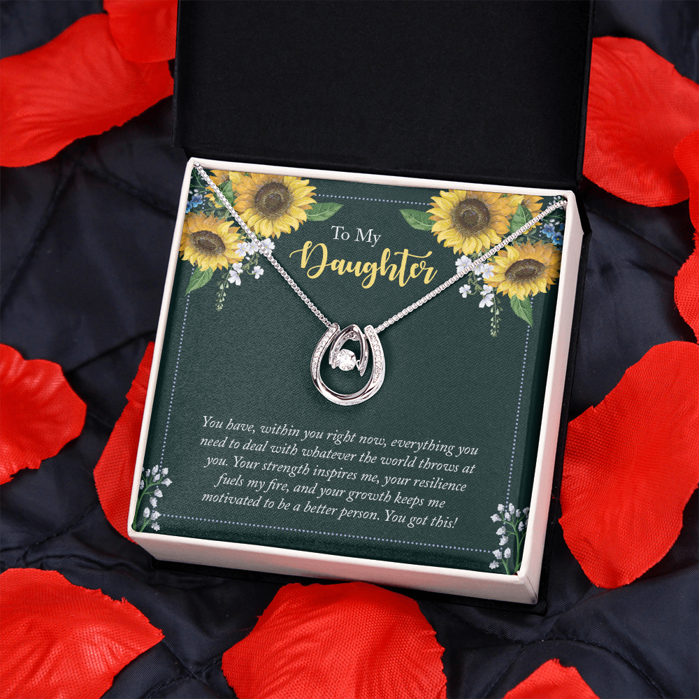 To My Daughter - you have within you right now Lucky Horseshoe Necklace Message Card 14k w CZ Crystals-Express Your Love Gifts