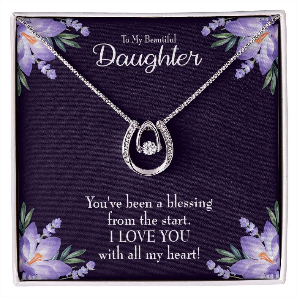 To My Daughter You've Been a Blessing Lucky Horseshoe Necklace Message Card 14k w CZ Crystals-Express Your Love Gifts