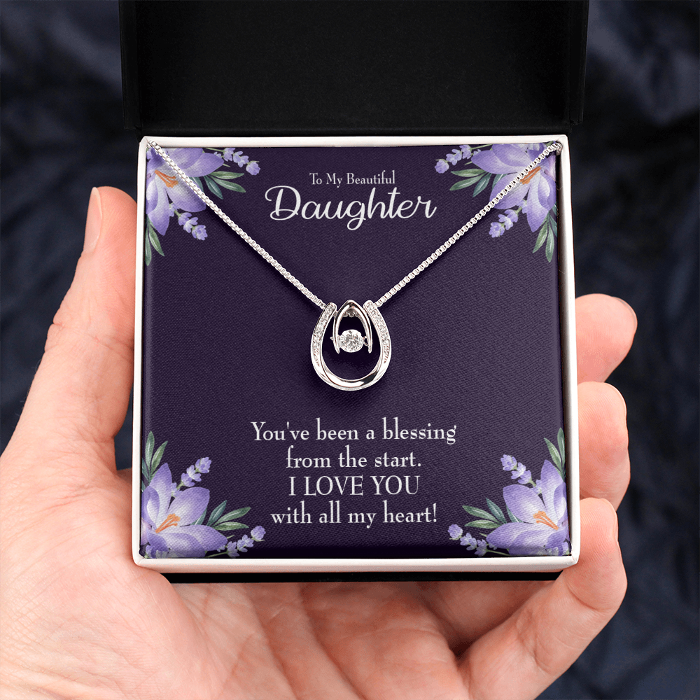 To My Daughter You've Been a Blessing Lucky Horseshoe Necklace Message Card 14k w CZ Crystals-Express Your Love Gifts