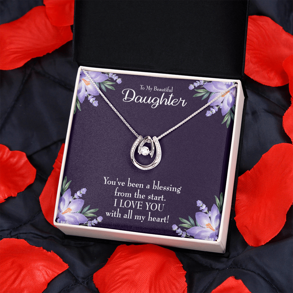 To My Daughter You've Been a Blessing Lucky Horseshoe Necklace Message Card 14k w CZ Crystals-Express Your Love Gifts