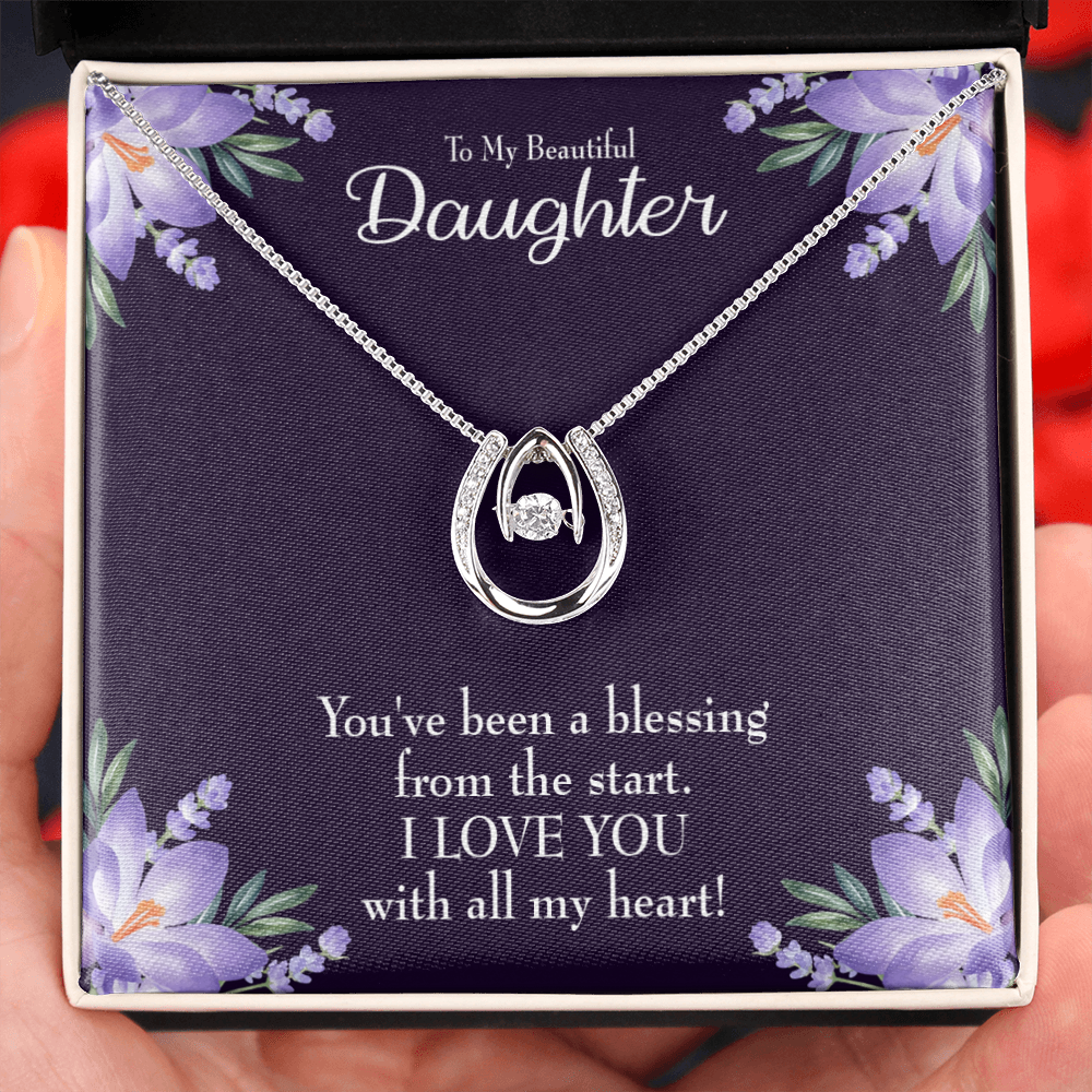 To My Daughter You've Been a Blessing Lucky Horseshoe Necklace Message Card 14k w CZ Crystals-Express Your Love Gifts
