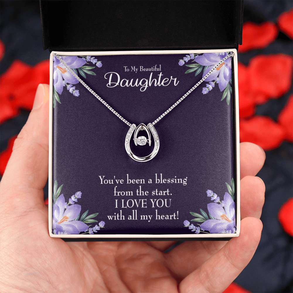 To My Daughter You've Been a Blessing Lucky Horseshoe Necklace Message Card 14k w CZ Crystals-Express Your Love Gifts