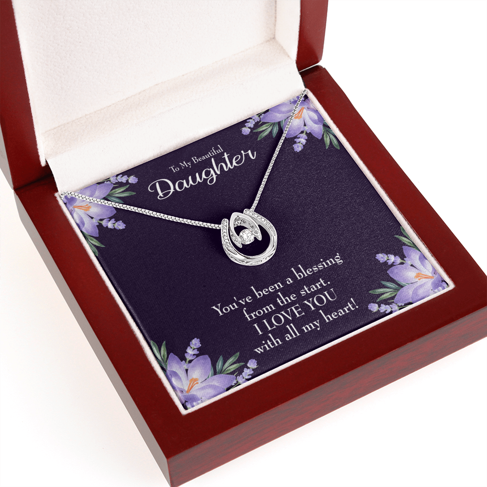 To My Daughter You've Been a Blessing Lucky Horseshoe Necklace Message Card 14k w CZ Crystals-Express Your Love Gifts